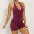 thumbnail image 4 of Womens Cute Workout Rompers Halter V Neck Backless Unitard Bodysuit Shorts One Piece Gym Yoga Outfits Jumpsuits (Small, Purple), 4 of 7