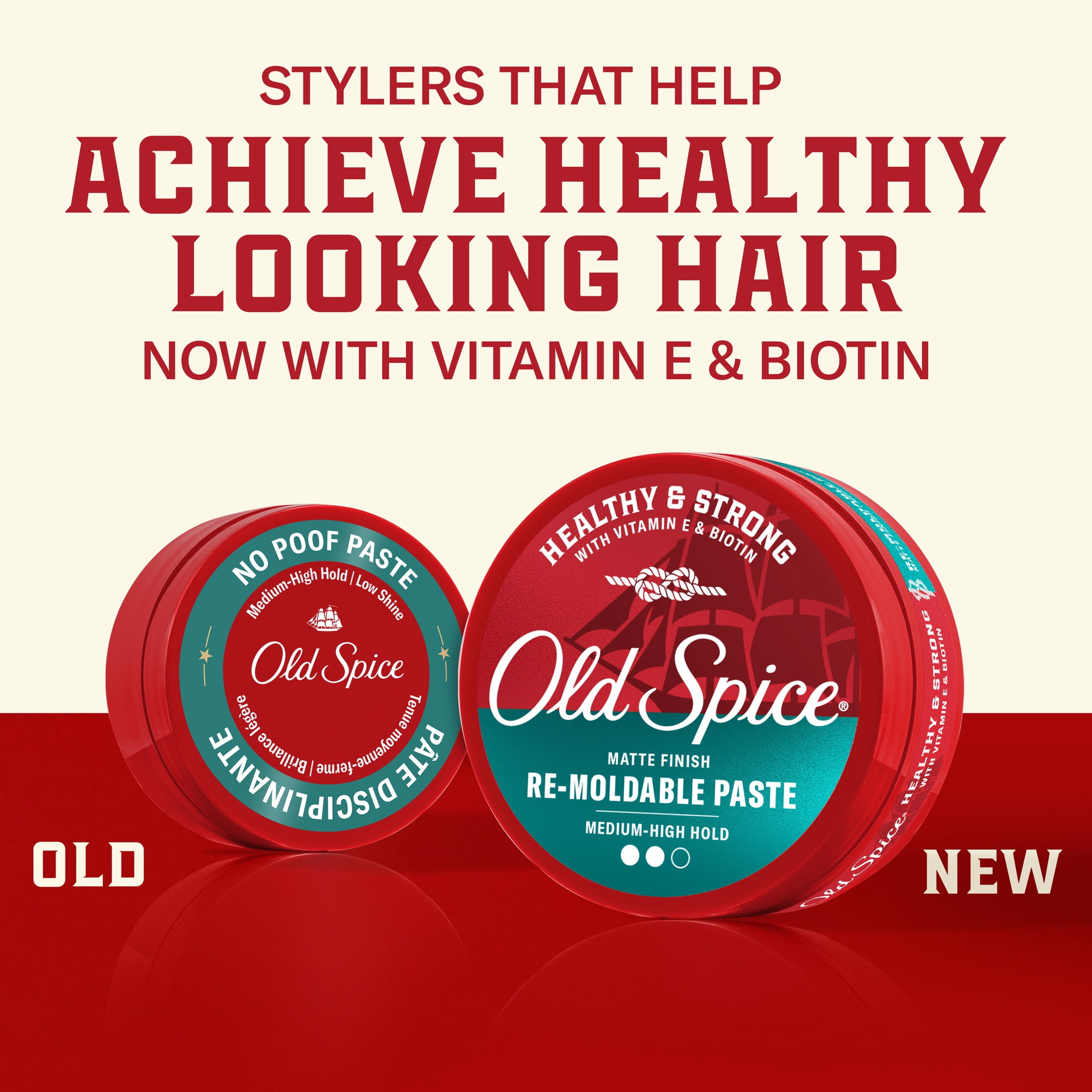Old Spice Re-Moldable Paste for Men, Healthy and Strong with Vitamin E and Biotin, Men's Hair Styling Paste, Medium-High Hold, Matte Finish, 2.22 oz