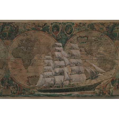 Ship Map - 879106 Satin Old World Sailing Ship Map Wallpaper Border