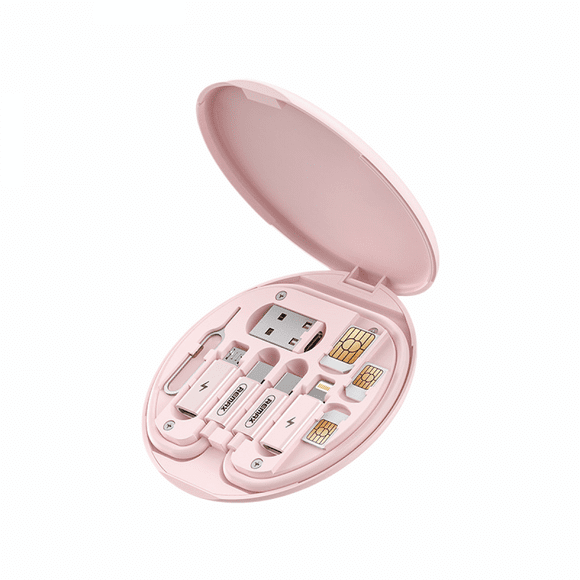USB Adapter Cable Converting Storage Case, Multi-Type Charging Cable Converter Type C Micro Data Transfer Tool Contains SIM Card Slot Tray Eject Pin, (Pink)