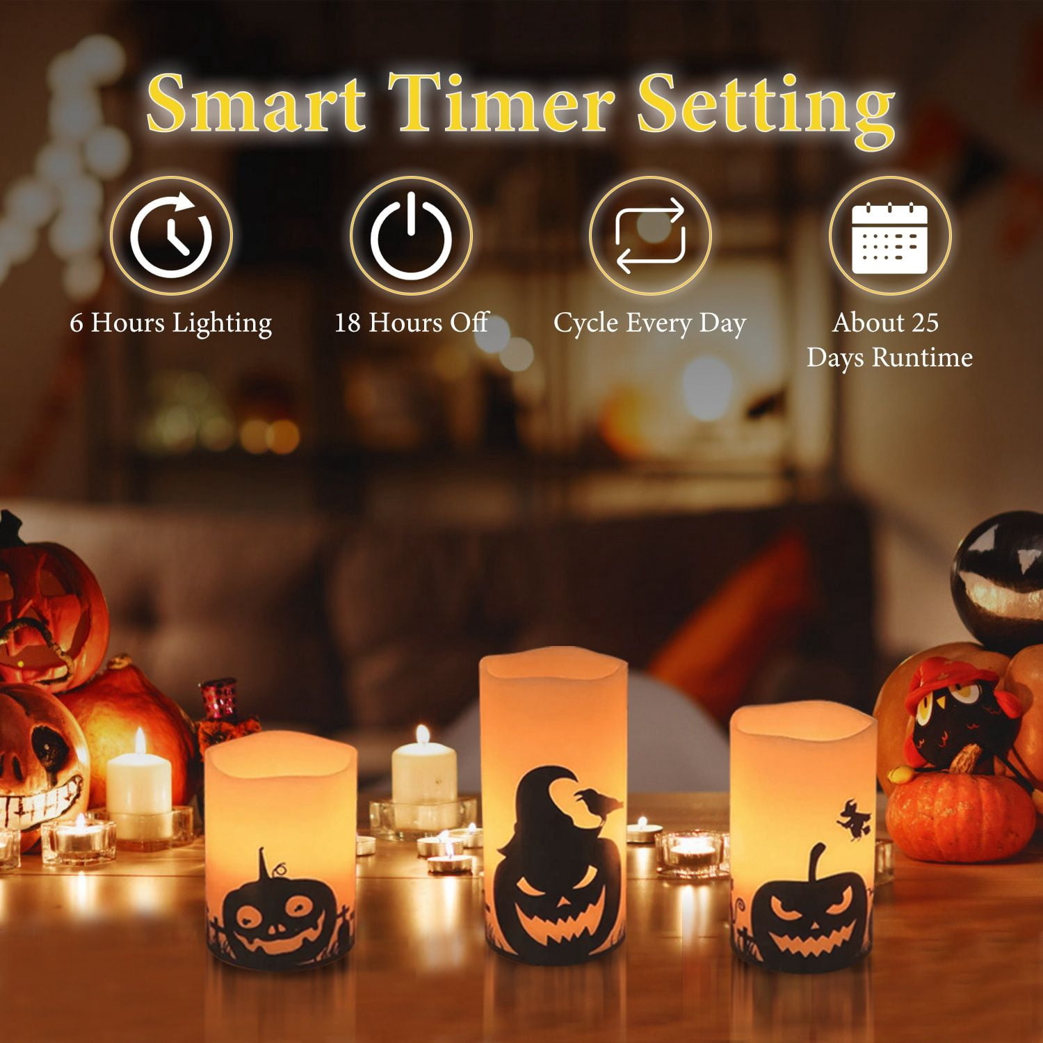 3Pcs Halloween Candle Lamp Set Timer Battery-Operated Warm Light for Party Decor