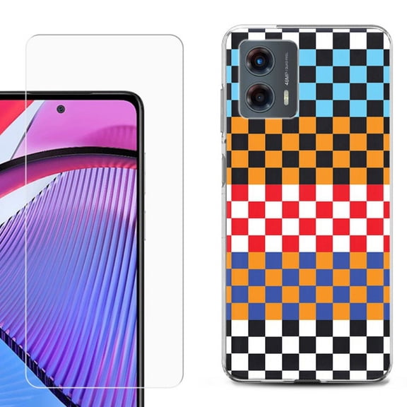OneToughShield ® Compatible with Motorola Moto G 5G 2023, Shockproof Phone Case, with Tempered Glass Screen Protector - Colorful Checker