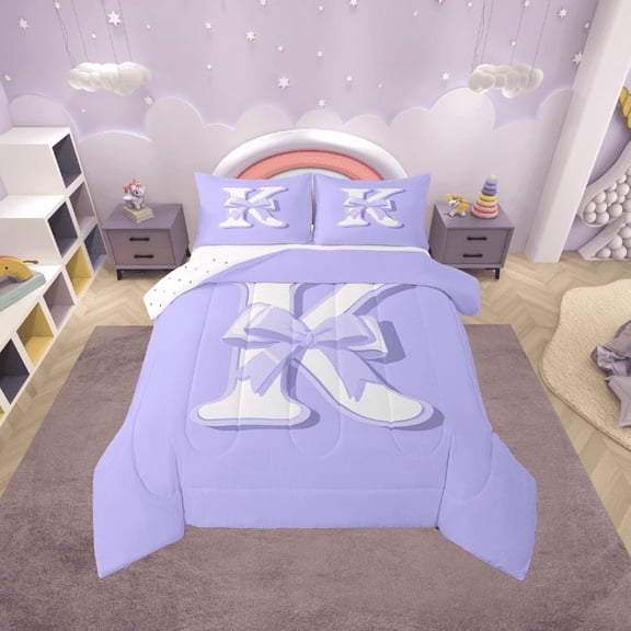 Erosebridal Purple Bowknot Bedding Twin Comforter Set, Initial Letter K Down Comforter, Cartoon Monogrammed Reversible Comforters & Duvets, Breathable Bedroom Decorative, 2pcs