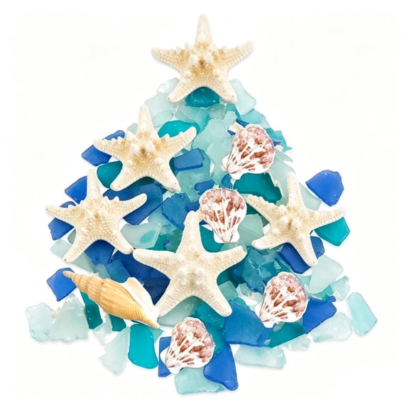 Bexikou Mixed Decorative Sea Shells with Starfish & Blue Sea Glass, Bulk Natural White Seashells, Beach Shells for Vase Filler, Home Decor, DIY Crafts & Party Decorations