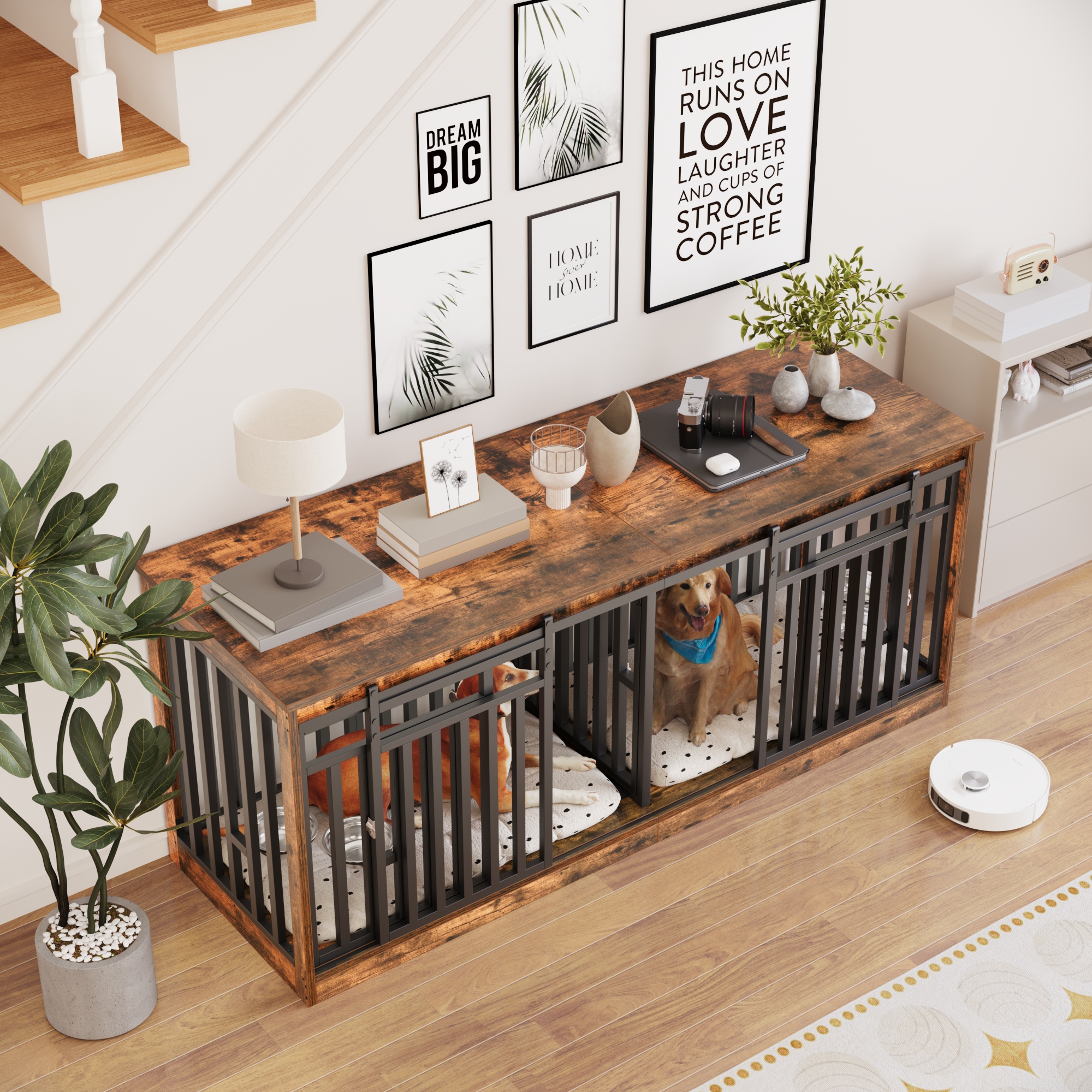 Uforic 71 in Large Double Dog Crate Furniture with 4 Dog Bowl, Wooden Indoor Dog Kennel Cage TV Stand for 2 Dogs Indoor - Rustic Brown