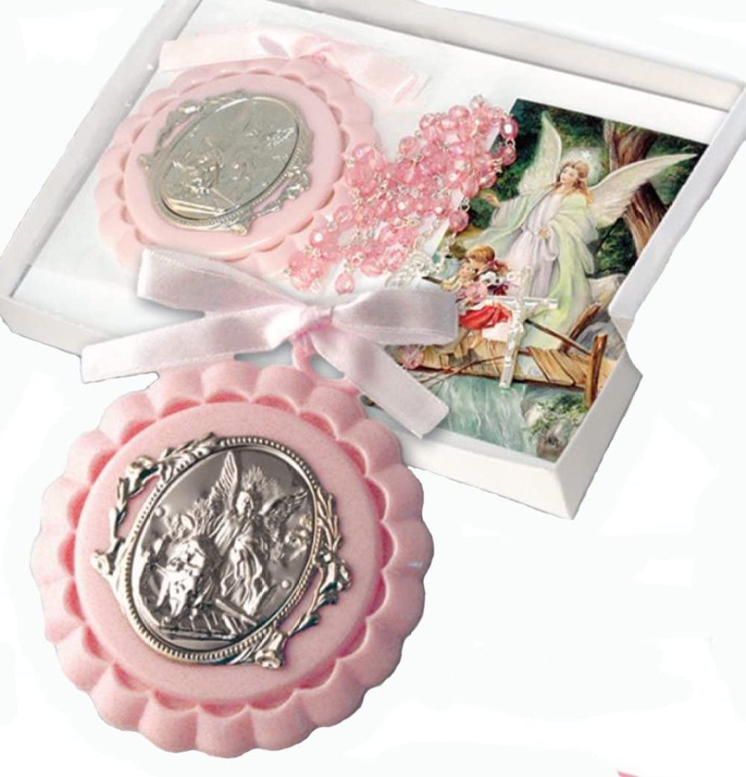 Pink Guardian Angel Crib Medallion with Pink Ribbon and Rosary with