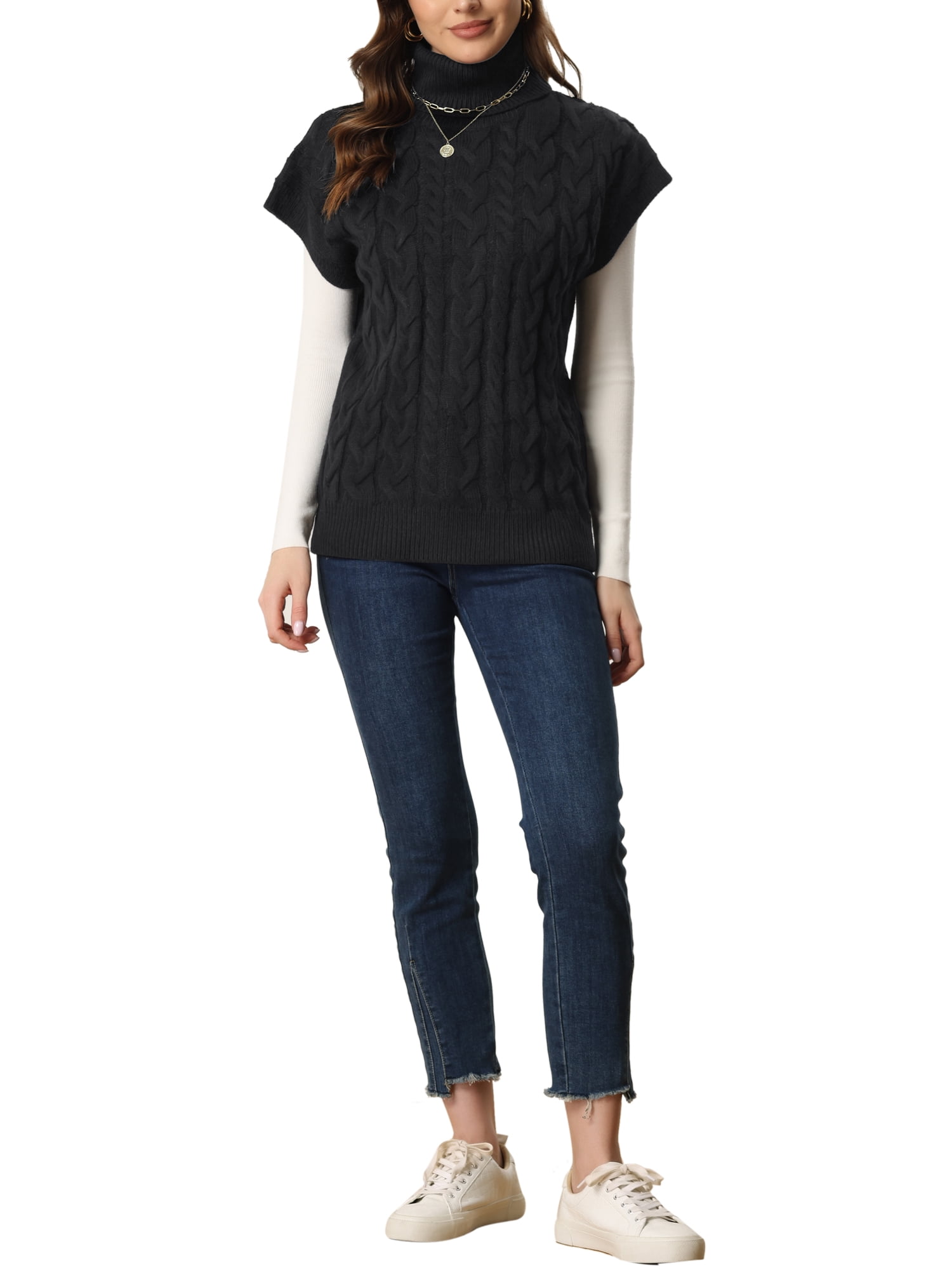 Unique Bargains Women's Solid Turtleneck Sleeveless Pullover Cable Knit Sweater M Black