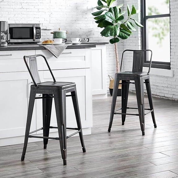 Distressed Black Metal Barstools Set of 2, 24-Inch Seat Height, Lightweight Bar Stools with Bucket Back, Perfect for Kitchen Counter or Outdoor Patio