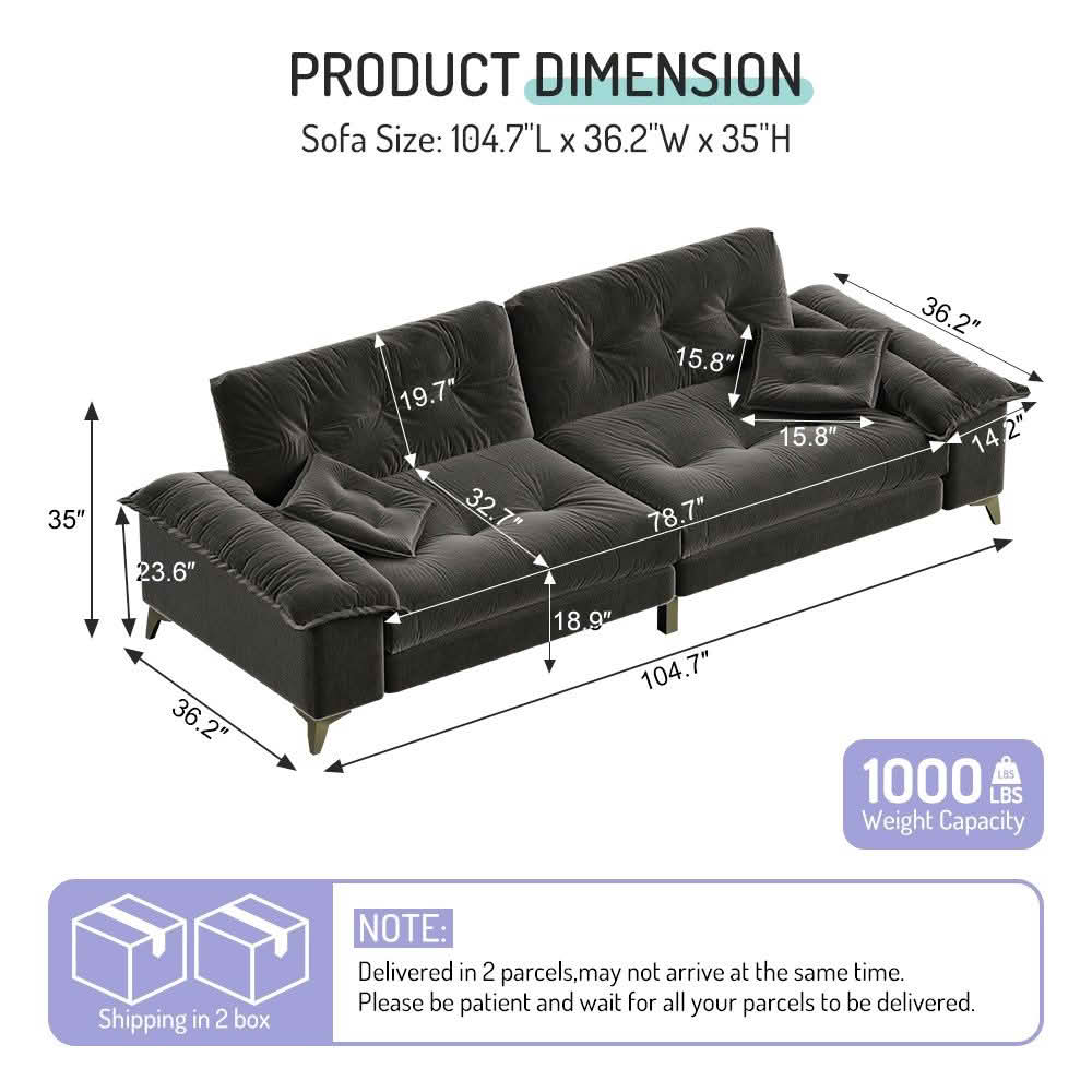 MAYEERTY 104.7" 4‑Seater Cloud Sofa, Tufted Chenille Couch with Wide Flip Armrests, Metal Legs, 2 Pillows Included for Multi‑Scene Use