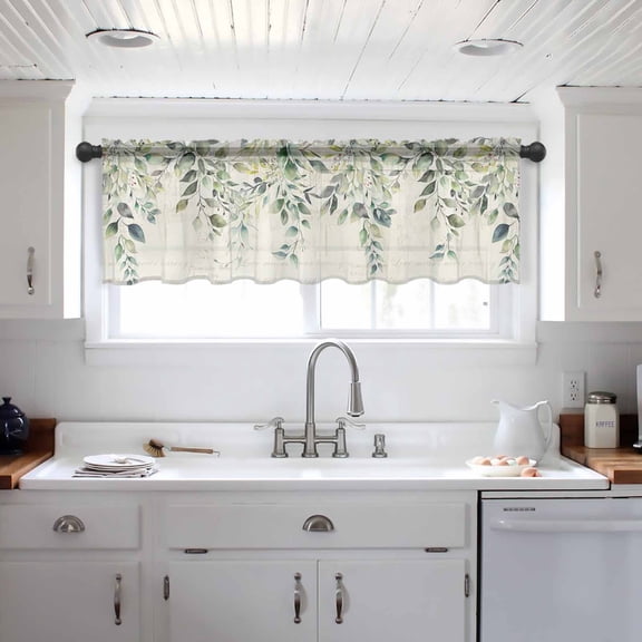 Eucalyptus Leaves Valance Curtains for Kitchen/Living Room/Bathroom/Bedroom Window,Watercolor Weeping Teal Botanical Vintage Rod Pocket Small Topper Half Short Window Curtains Sheer Scarf 60"x18"