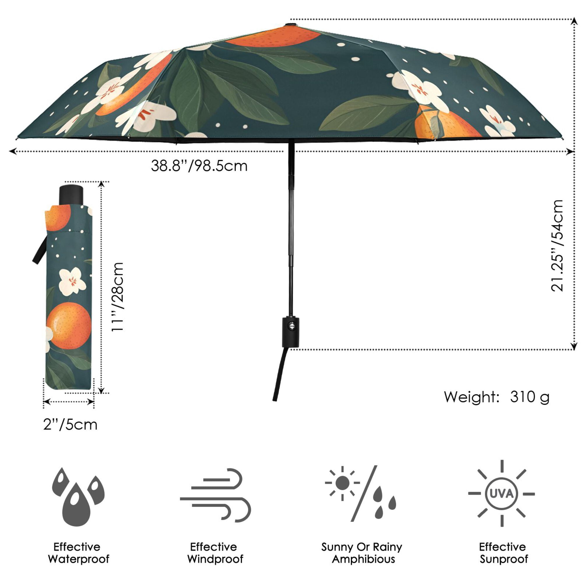 FORMRS Travel Umbrella Folding Auto Open Close Windproof Rain UV Protection, Blue Floral Oranges