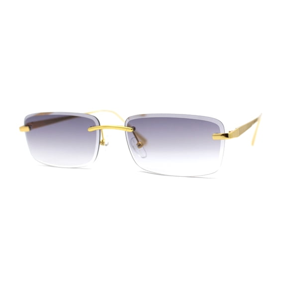 Classic Rimless Narrow Rectangle Metal Rim 90s Pimp Sunglasses Gold Smoke