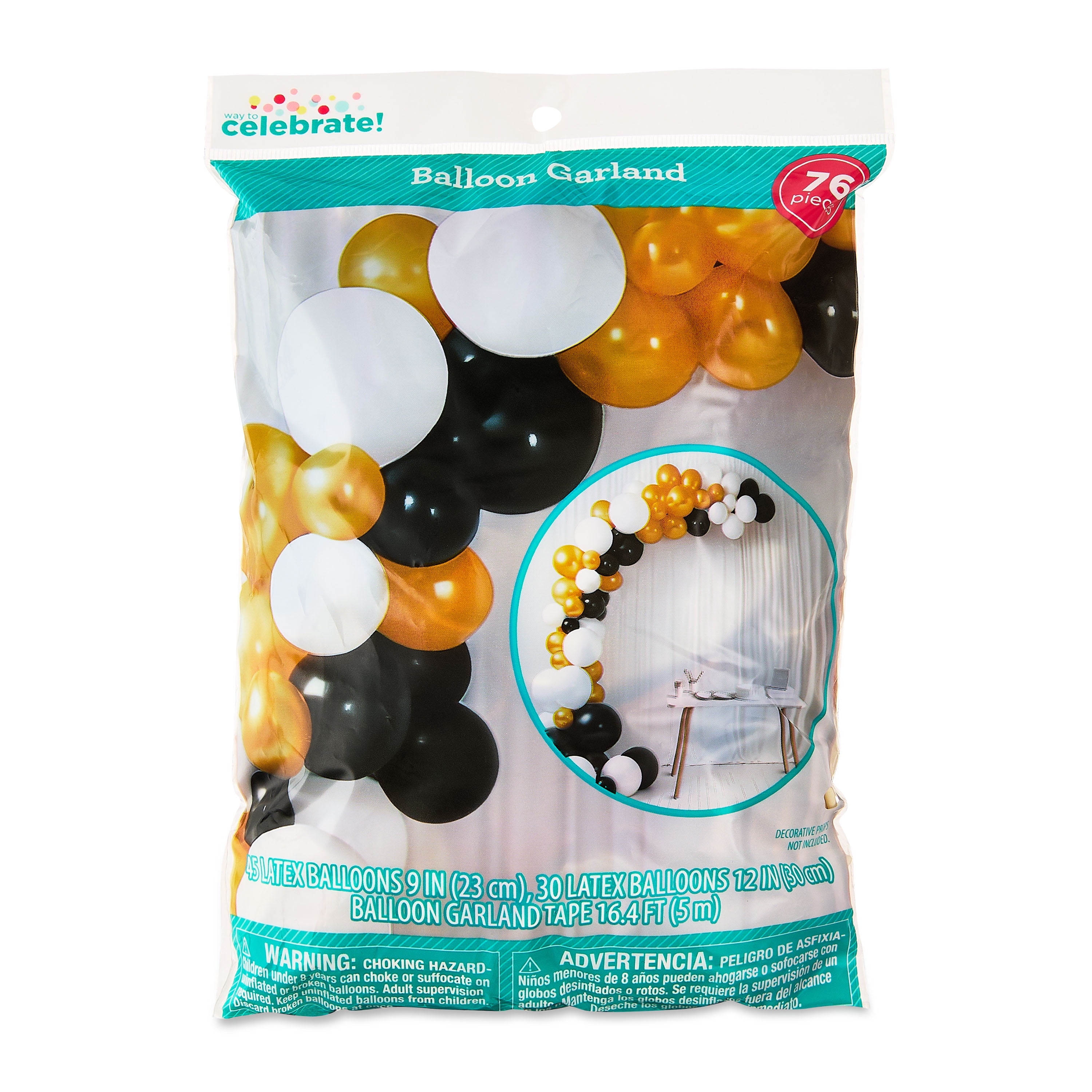Black/White/Gold Balloon Garland, 76 Pieces, by Way To Celebrate