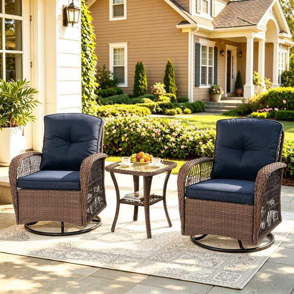 3 Piece Patio Swivel Rocker Chairs Set, 2 360-Degree Swivel Rocking Chairs with 1 Glass Top Table, PE Rattan Outdoor Bistro Set with Cushions for Balcony Deck Poolside Backyard Porch
