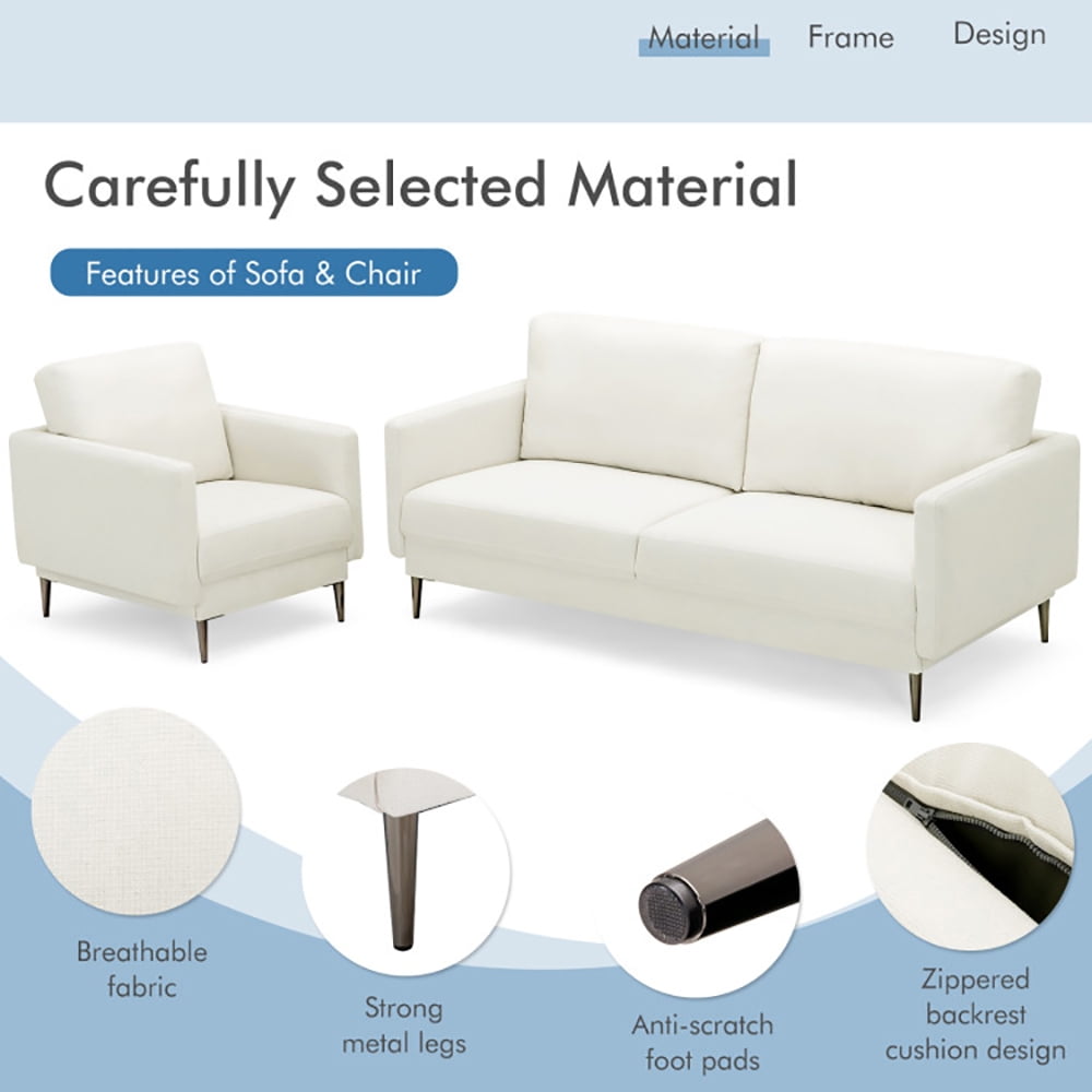 Finihen Sofa Set, Modern Sofa Couch with Solid Metal Legs and Removable Backrest Cushion, for Living Room, Bedroom, White