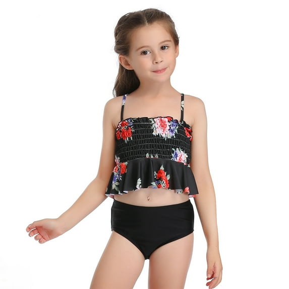 Seyurigaoka Little Girls 2PCS Bikini Set, Sling Floral Ruffle Top+Solid Color/Striped Panty