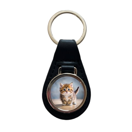 Munchkin Cat Kitten Photo Metal Black Leather Keychain