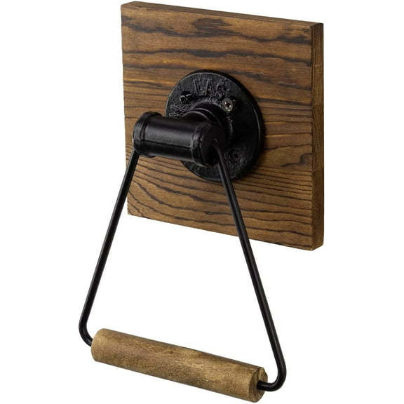 MyGift Wall Mounted Rustic Hand Towel Ring, Dark Brown Wood and Black Metal