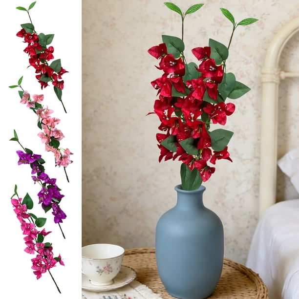 Tallos artificiales de buganvilla, flores artificiales de seda de 31,5", ramos de seda, rosa intenso, rojo púrpura, jarrón de tallo largo, centro de mesa para la fiesta de boda, decoración de oficina
