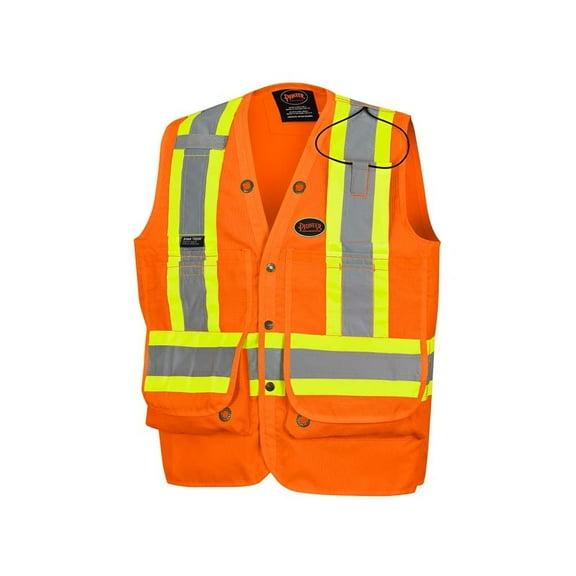 Pioneer Hi Vis 600D PU-Coated Oxford Surveyor's Safety Vest - 21 Pockets - Snap Closure - Hi-Vis Orange