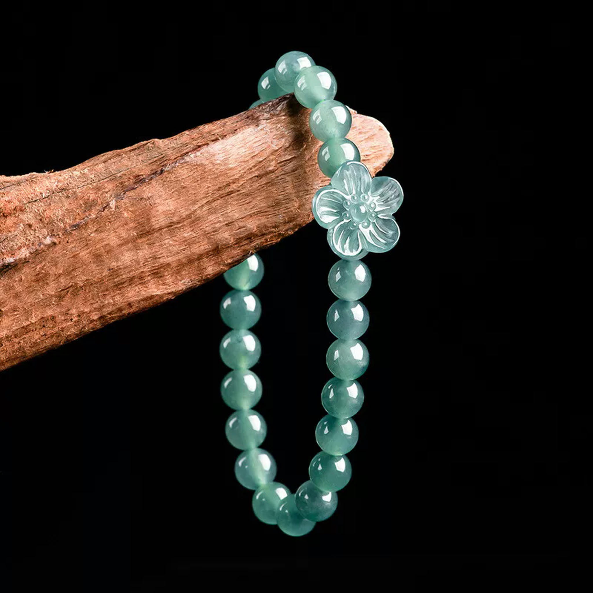 HOOUN New Natural Jade Jadeite 6.5mm Round Beads with Flower Link Women Bracelet 1PCS