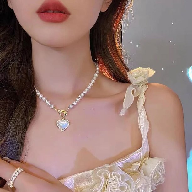 collares para mujer colgante mujer perfumes mujer originales colgantes mujCollares de lujo con colgante de corazón y perlas Para Mujer, cadena de clavícula Romántica Francesa, regalo de aniversario, C