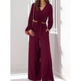 thumbnail image 3 of Weardear Womens 2 Piece Outfit V Neck Long Sleeve Crop Top Wide Leg Elastic Waist Pant Casual Set, 3 of 6
