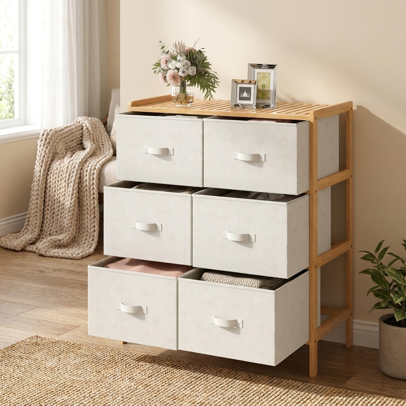 Furnibear Fabric Dresser with 6 Drawers with 6 Folding Fabric Bins for Bedroom Living Room for Bedroom Closet Living Room Nursery Clothes, Natural