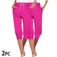 thumbnail image 2 of Diufon 2pc Womens Capris Pants Summer Solid Color Pants Elastic Waist Drawstring Pants with Pockets, 2 of 7