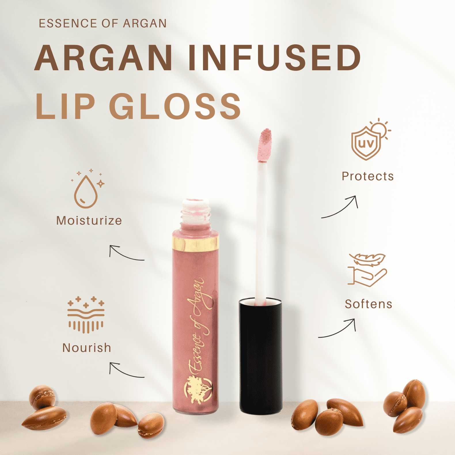 Essence of Argan Lip Gloss, Vegan, Moisturizing, Plumping, Pink Bronze