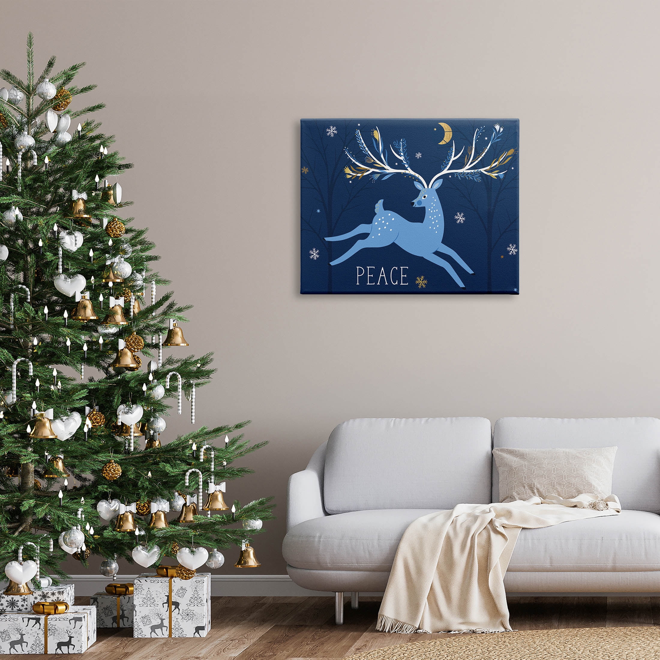 Peace Jumping Deer Snowflakes Holiday Graphic Art Gallery Wrapped Canvas Print Wall Art