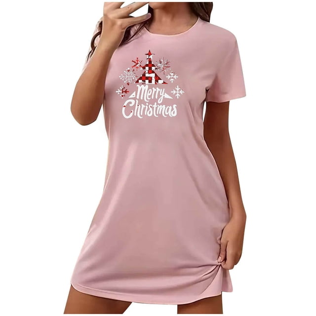 Sakmal Grande Taille Moomoos pour Femmes Sommeil Léger Noël Rose Mignonne Robe de Maison Manches Courtes Col Rond Court Imprimé Joyeux Noël Chemises de Nuit P-2TG