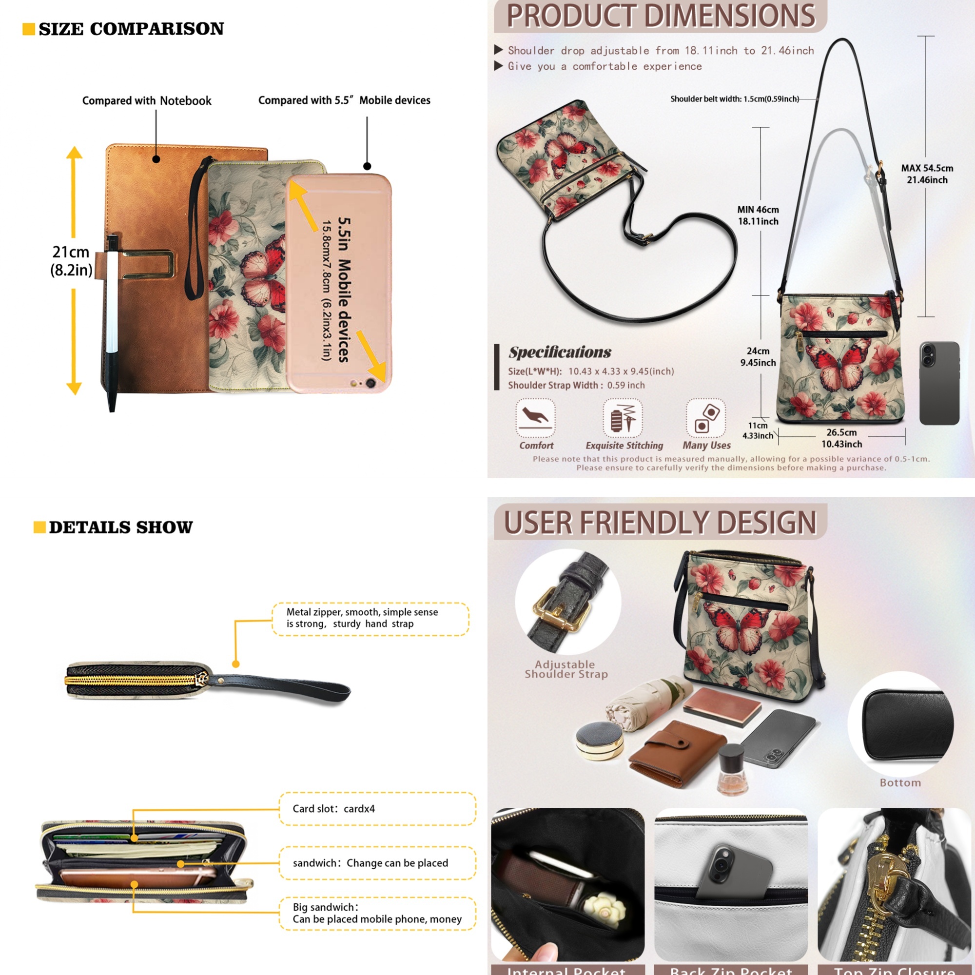 ZUXONGSY Butterfly Daisy Flower Print PU Leather Hobo Bag and Matching Wallet Set for Women, Stylish Crossbody Purse with Adjustable Strap, Ideal for Travel & Casual Use