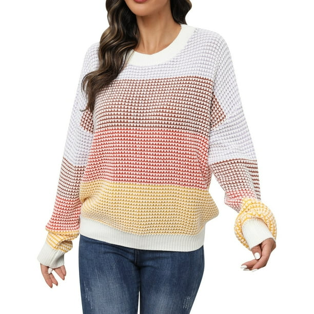 Gibobby Suéteres para mujer, Suéter de algodón con cuello redondo para mujer(Blanco,CH)