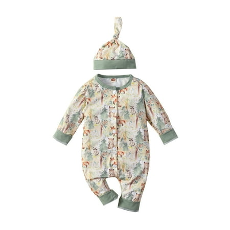 

Musuos Baby’s Print Button down Long Sleeve Jumpsuit with Headband/Hat