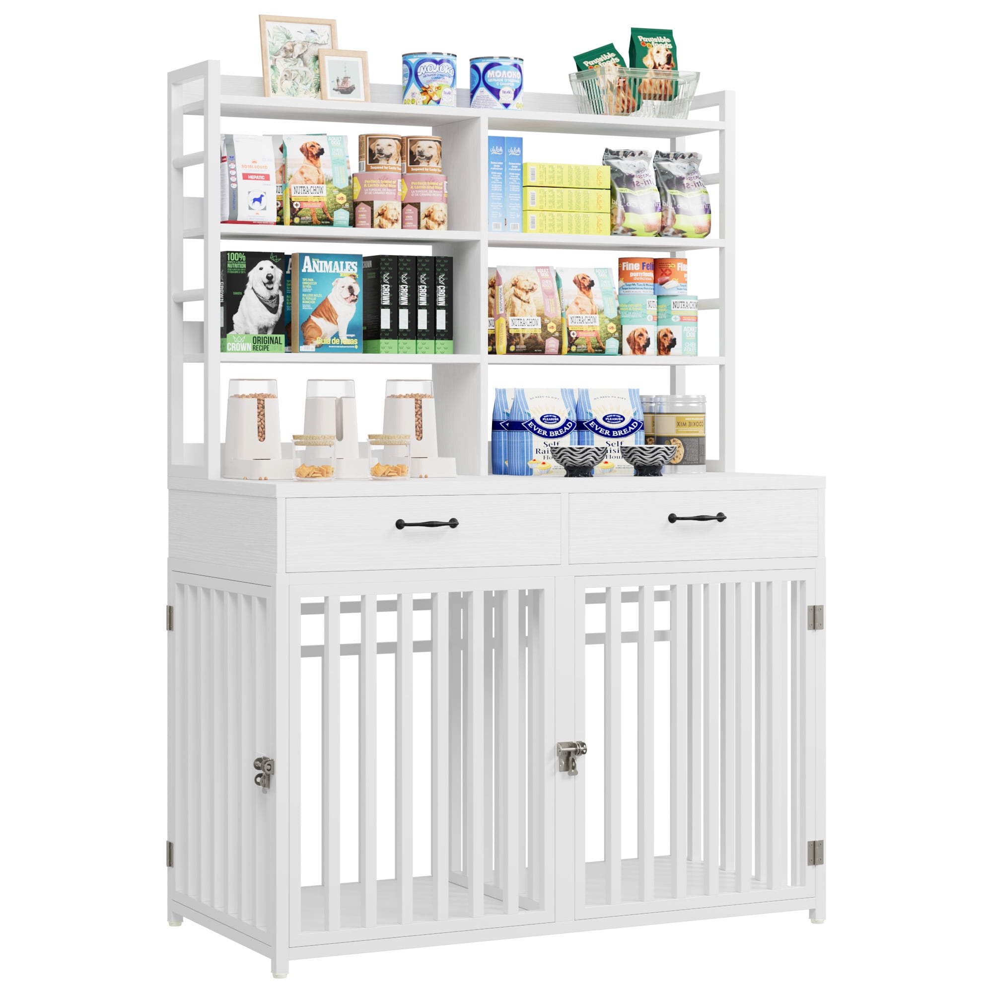 Homfa Dog Crate with 2-drawers and Storage Shelves, Indoor Furniture Style Metal Large Dog Kennel, White
