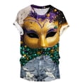thumbnail image 2 of TrendVibe365 Mardi Gras Women's Short Sleeve Tops and Blouses Plus Size Crew Neck Polyester Casual Mask Printed Mardi Gras Celebrations Blouse Tops for Mardi Gras Event Purple L, 2 of 5