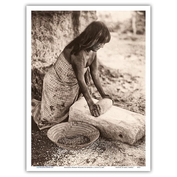 Maricopa Woman Mealing - North American Indian - Vintage B&W Historical Photograph by Edward S. Curtis c.1907 - Master Art Print (Unframed) 9in x 12in