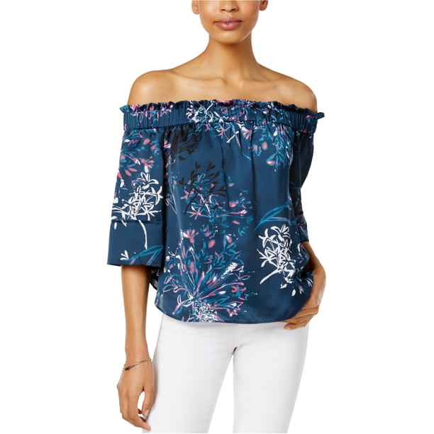 Rachel Roy Blusa de punto fruncida con hombros descubiertos para mujer, azul, XS