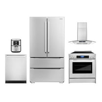 5 Piece Kitchen Package with 30" Freestanding Electric Range 30" Island Range Hood 24" Built-in Fully Integrated Dishwasher French Door Refrigerator & 5.5L Electric Hot Air Fryer