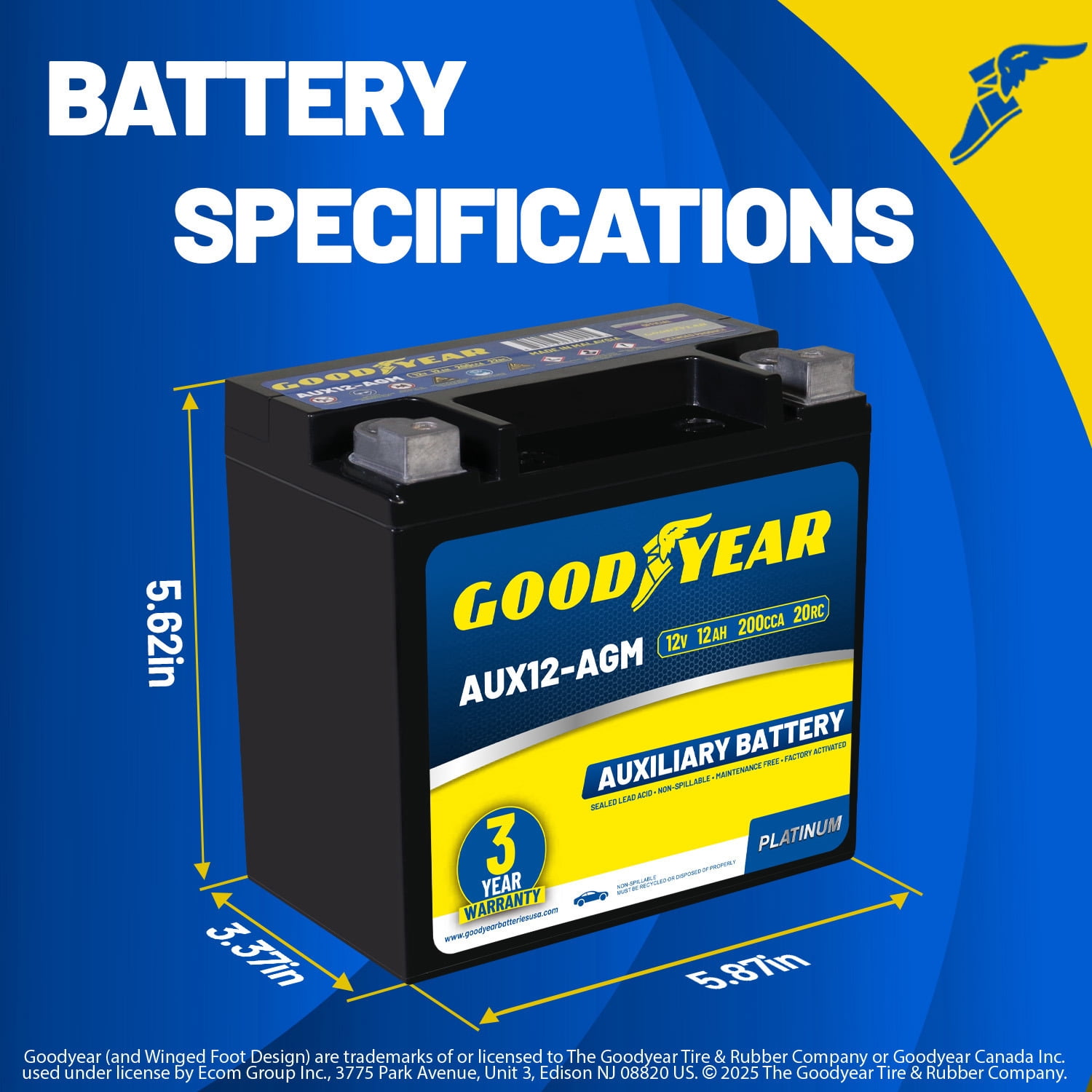 Goodyear AUX12-AGM BCI Group Size 401 12V 12 AH, 20RC, 200 CCA Platinum series Rechargeable AGM Maintenance Free Auxiliary Battery