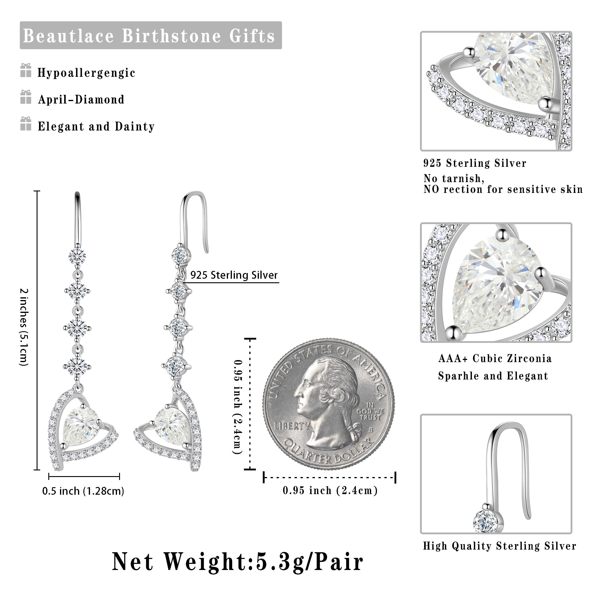 Beautlace 925 Sterling Silver Heart Drop Earrings,Love Heart April Birthstone Dangle Earrings Hook Jewelry Birthday Christmas Valentines Mother's Day Gifts for Women Mom
