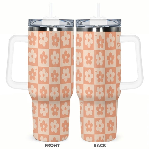 Peach Orange Daisy Checkerboard 40oz Car Tumbler Insulated Travel Cup with Handle and Straw Stainless Steel Vacuum Coffee Cup Gift for Her