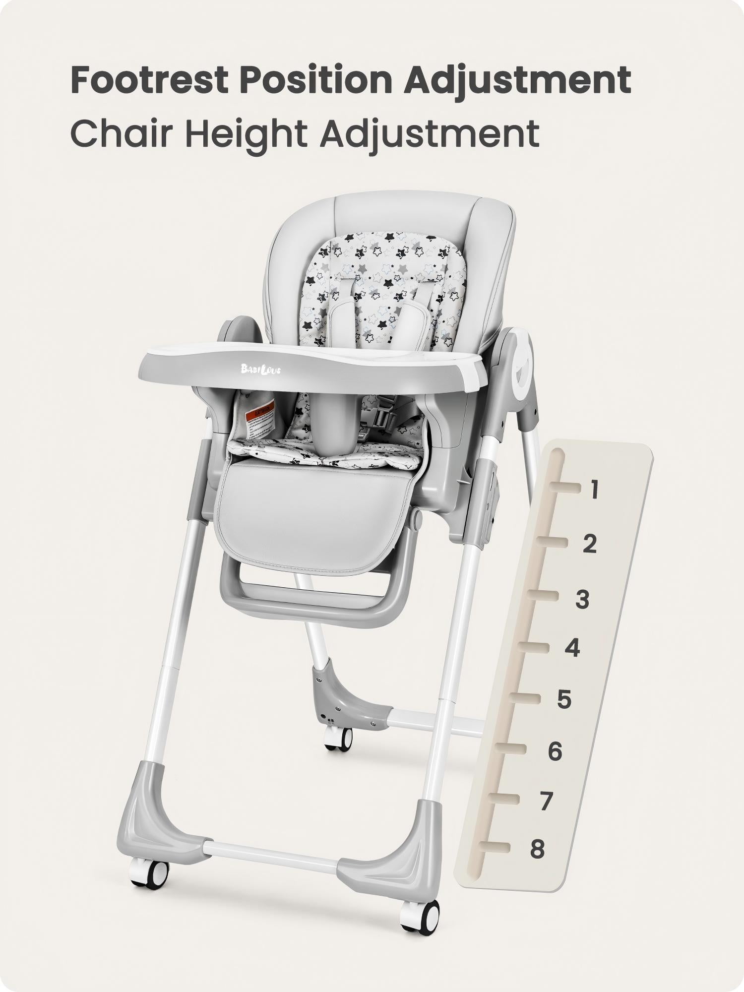 Babilous Foldable High Chair with Soft Cushion, High Chairs for Babies and Toddlers, Height Adjustable Feeding Chair, Adjustable Backrest and Footrest, Lockable Wheels, Gray