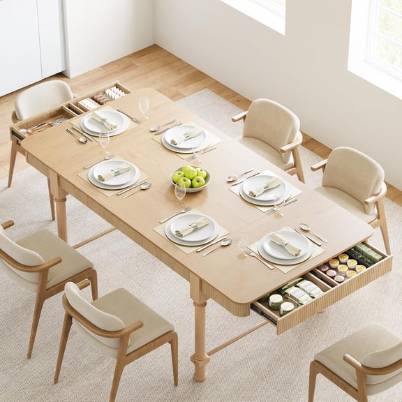 Fluted Dining Table for 6 to 10 People, 79'' Long Rustic Dinner Table with Drawers, Farmhouse Rectangular Wooden Tables for Kitchen, Dining Room, Living Room (Natural)