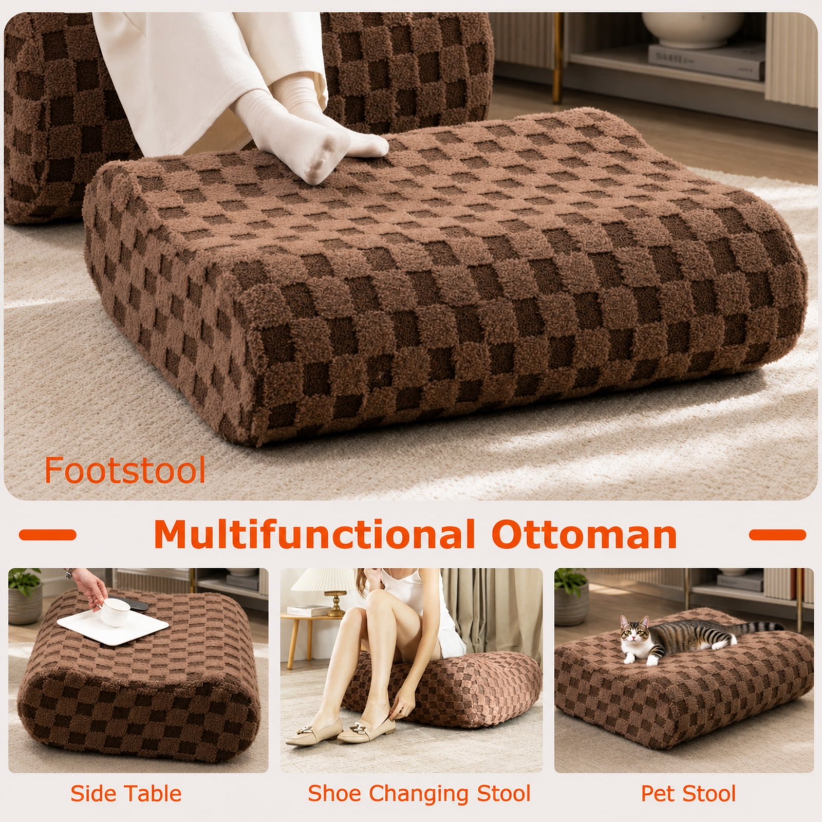 Furnibear Bean Bag Chair with Ottoman and High Elasticity Sponge for Living Room Bedroom Dorm Game Room Lounge Floor Seat, Brown