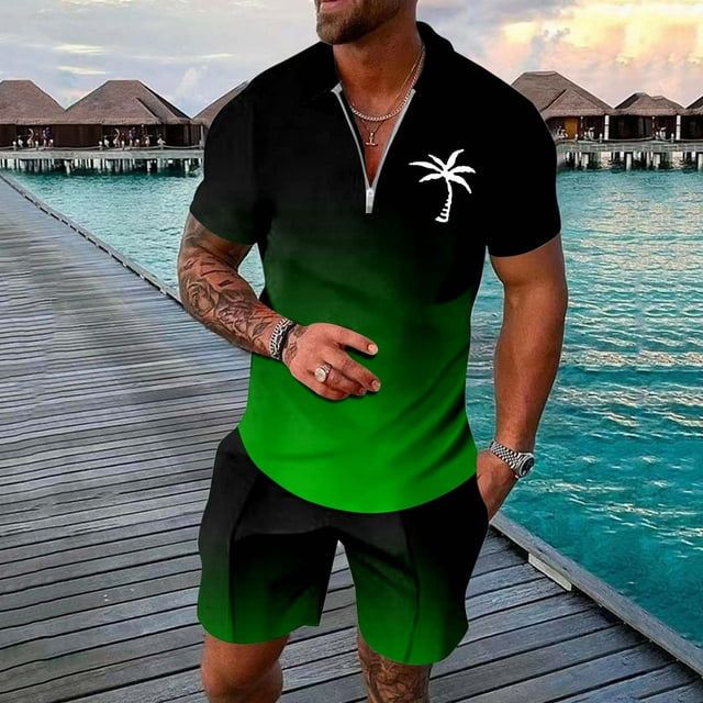 WILLBEST Traje Casual de Moda para Hombre, Dos Trajes, Camisa y Pantalones Cortos de Color Liso con Cremallera En La Parte Superior.