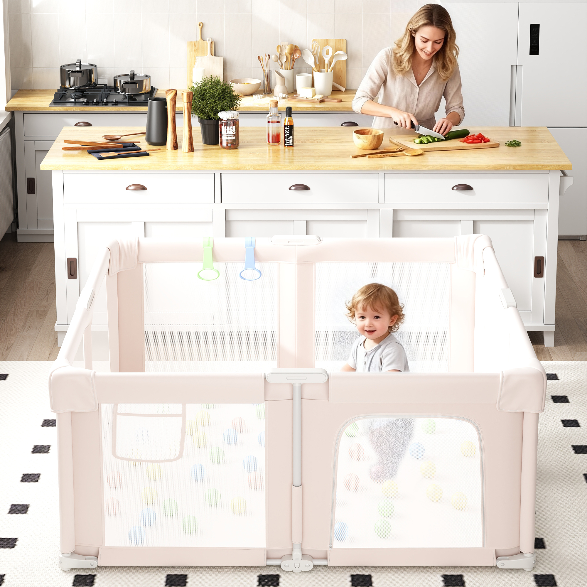 IDEALSOUL Square Baby Playpen, 51”W Baby Playards with Storage Bag, Foldable Child Play Yard with Breathable Mesh for Indoor&Outdoor, Pink