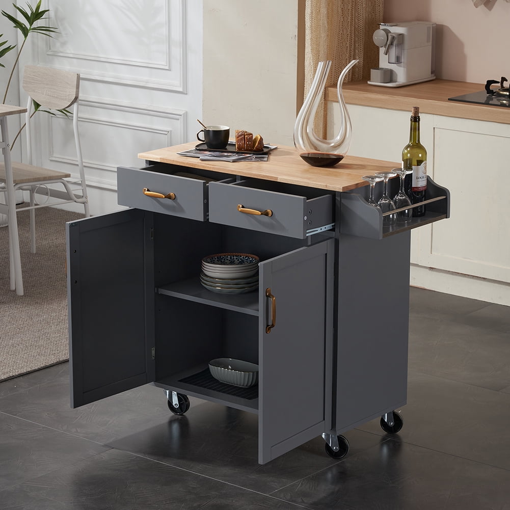 Kadyn Kitchen Island Cart, MDF Rubber Wood Dining Car with 2 Doors and 2 Drawers, Moveable Kitchen Cart for Kitchen, Gray Kadyn Kitchen Island Cart, MDF Rubber Wood Dining Car with 2 Doors and 2 Drawers, Moveable Kitchen Cart for Kitchen, Gray