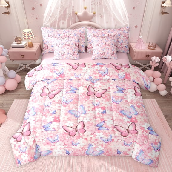 jejeloiu Cartoon Cute Floral 7-Piece Twin Bedding Sets,Pink Purple Butterflies Bedding Comforter Set For Girls Reversible